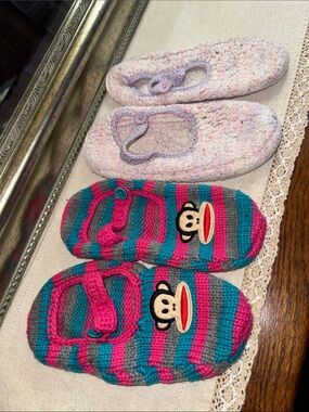 Paul Frank Pink Teal Gray Striped & Knit Pink Pastels Footsie Slipper Bundle M/L
